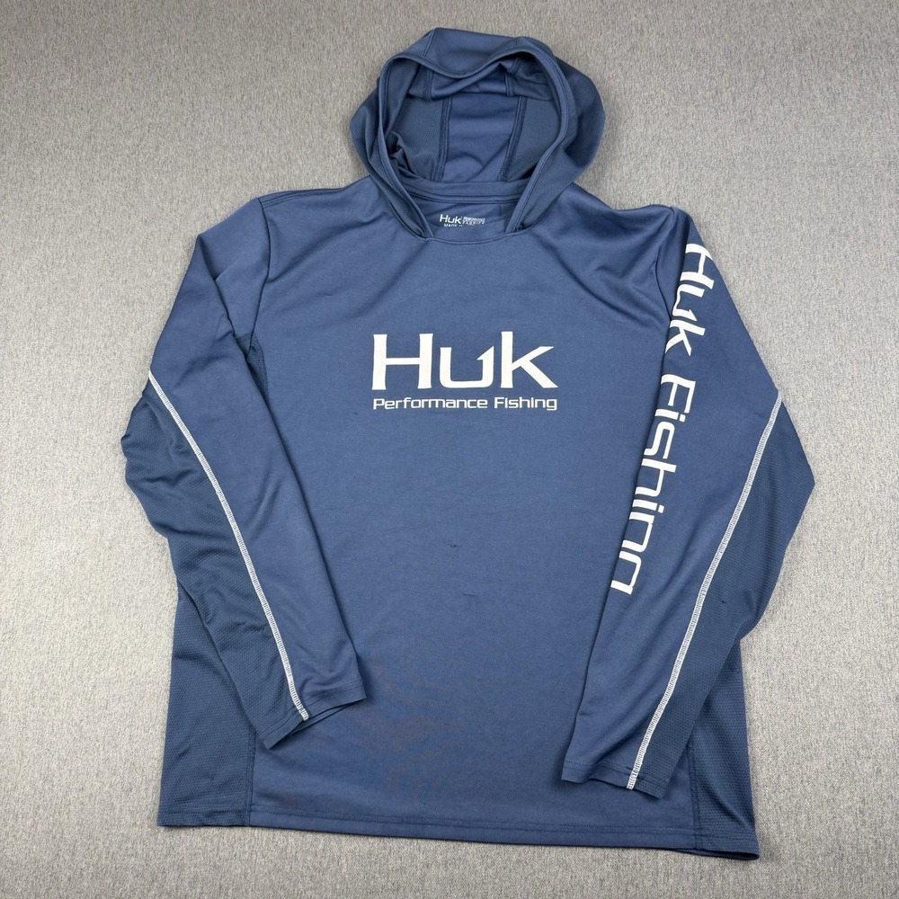Huk Performance Fishing Hoodie Mens Large Blue Long Sleeve Sun Shirt Logo
